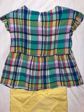 GAP Girls' Multicolor Plaid Peplum Top with yellow pleated denim jeans.